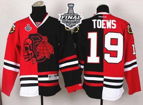 Blackhawks #19 Jonathan Toews Red Black Split Red Skull 2015 Stanley Cup Stitched Jersey