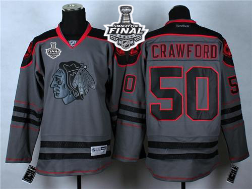 Blackhawks #50 Corey Crawford Charcoal Cross Check Fashion 2015 Stanley Cup Stitched Jersey