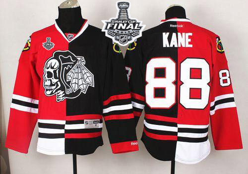 Blackhawks #88 Patrick Kane Red Black Split White Skull 2015 Stanley Cup Stitched Jersey