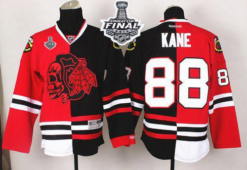 Blackhawks #88 Patrick Kane Red Black Split Red Skull 2015 Stanley Cup Stitched Jersey