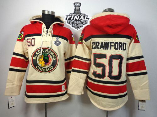 Blackhawks #50 Corey Crawford White Sawyer Hooded Sweatshirt 2015 Stanley Cup Stitched Jersey