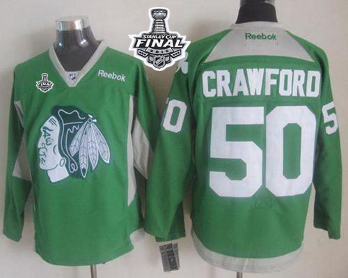 Blackhawks #50 Corey Crawford Green Practice 2015 Stanley Cup Stitched Jersey