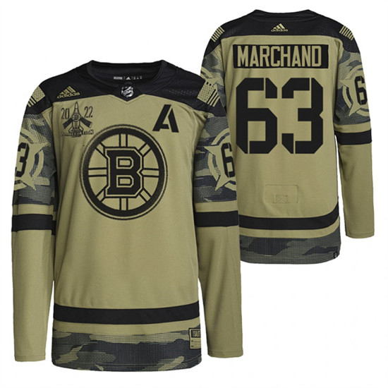 Boston Bruins #63 Brad Marchand 2022 Camo Military Appreciation Night Stitched Jersey