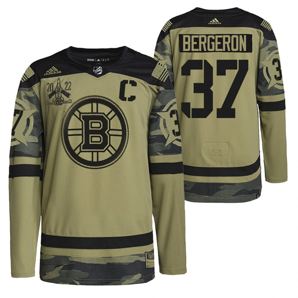 Boston Bruins #37 Patrice Bergeron 2022 Camo Military Appreciation Night Stitched Jersey