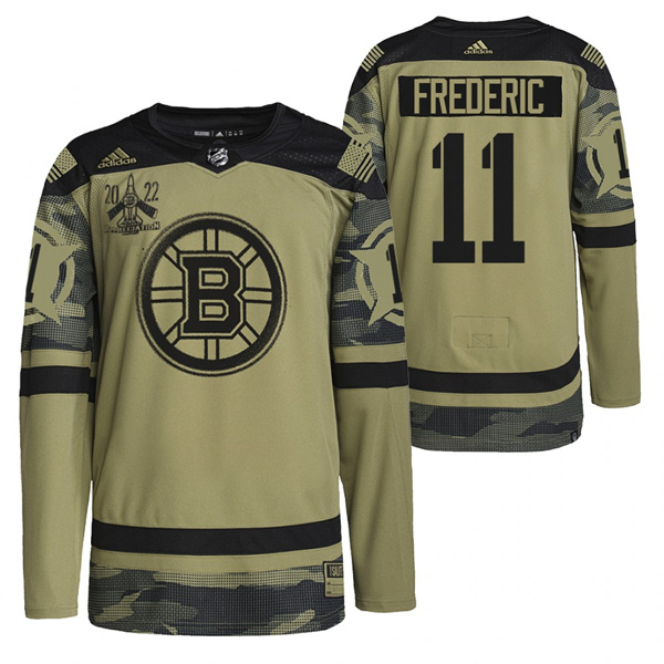 Boston Bruins #11 Trent Frederic 2022 Camo Military Appreciation Night Stitched Jersey
