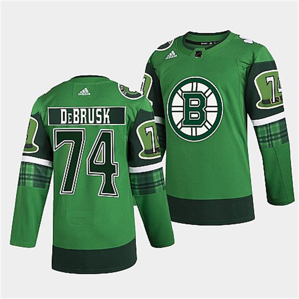 Boston Bruins #74 Jake DeBrusk 2022 Green St Patricks Day Warm-Up Stitched Jersey