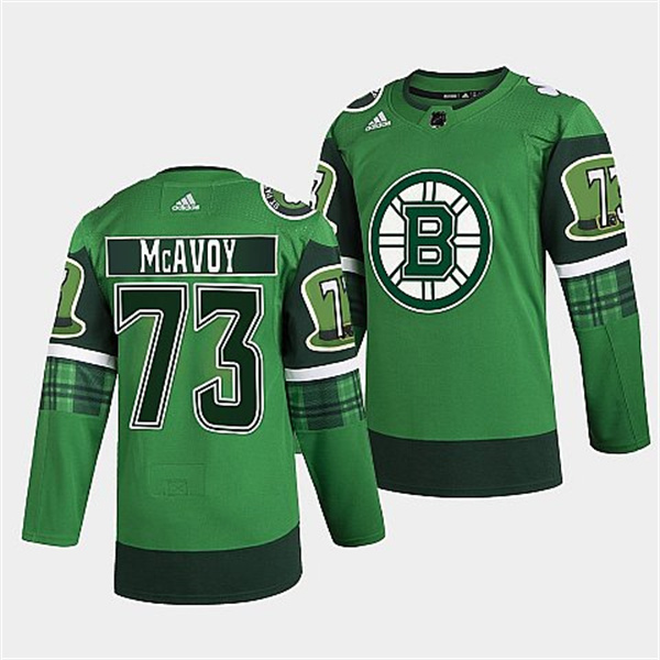 Boston Bruins #73 Charlie McAvoy 2022 Green St Patricks Day Warm-Up Stitched Jersey