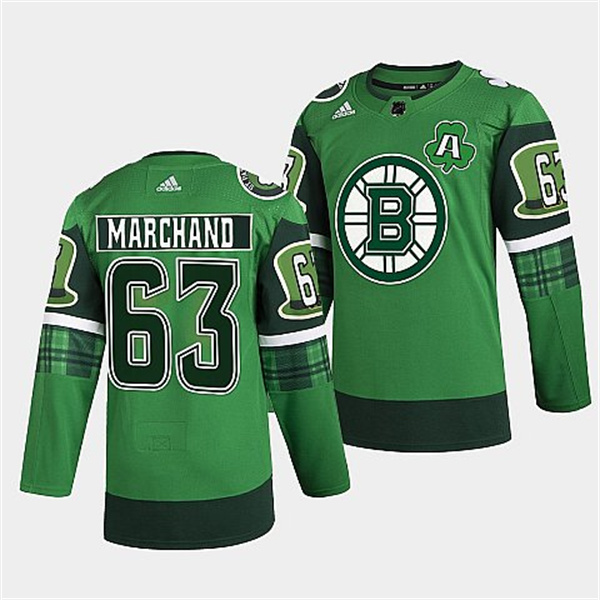 Boston Bruins #63 Brad Marchand 2022 Green St Patricks Day Warm-Up Stitched Jersey