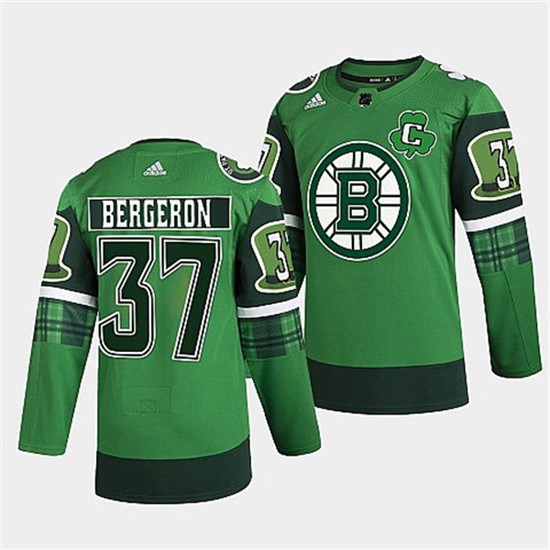 Boston Bruins #37 Patrice Bergeron 2022 Green St Patricks Day Warm-Up Stitched Jersey