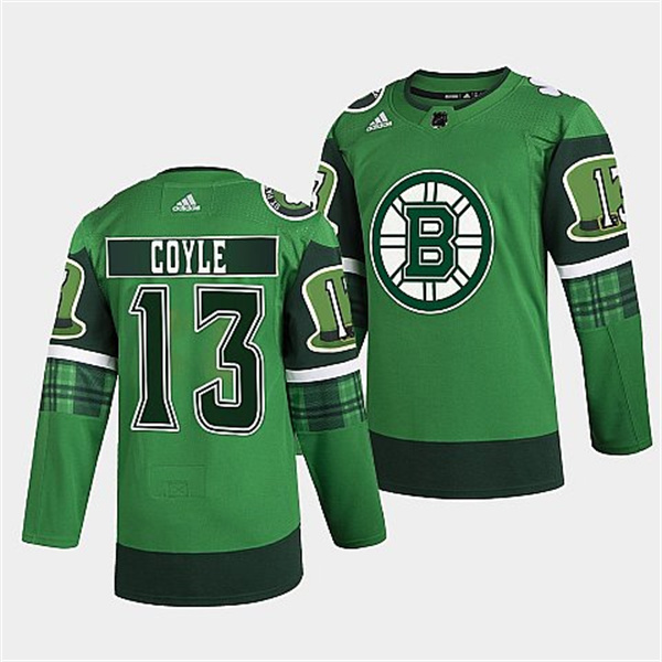 Boston Bruins #13 Charlie Coyle 2022 Green St Patricks Day Warm-Up Stitched Jersey