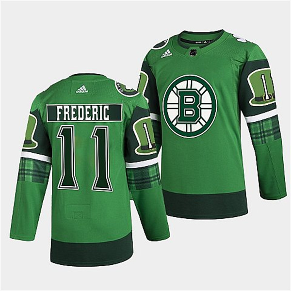 Boston Bruins #11 Trent Frederic 2022 Green St Patricks Day Warm-Up Stitched Jersey