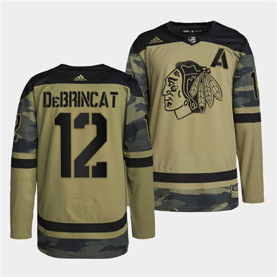Chicago Blackhawks #12 Alex DeBrincat 2022 Camo Military Appreciation Night White Stitched Jersey