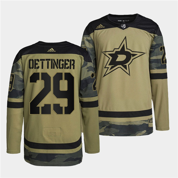 Dallas Stars #29 Jake Oettinger 2022 Camo Military Appreciation Night Stitched Jersey