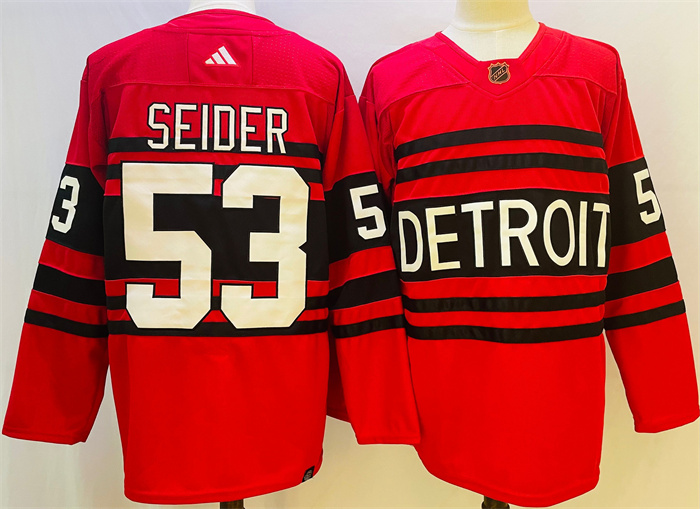 Detroit Red Wings #53 Moritz Seider Red 2022 23 Reverse Retro Stitched Jersey