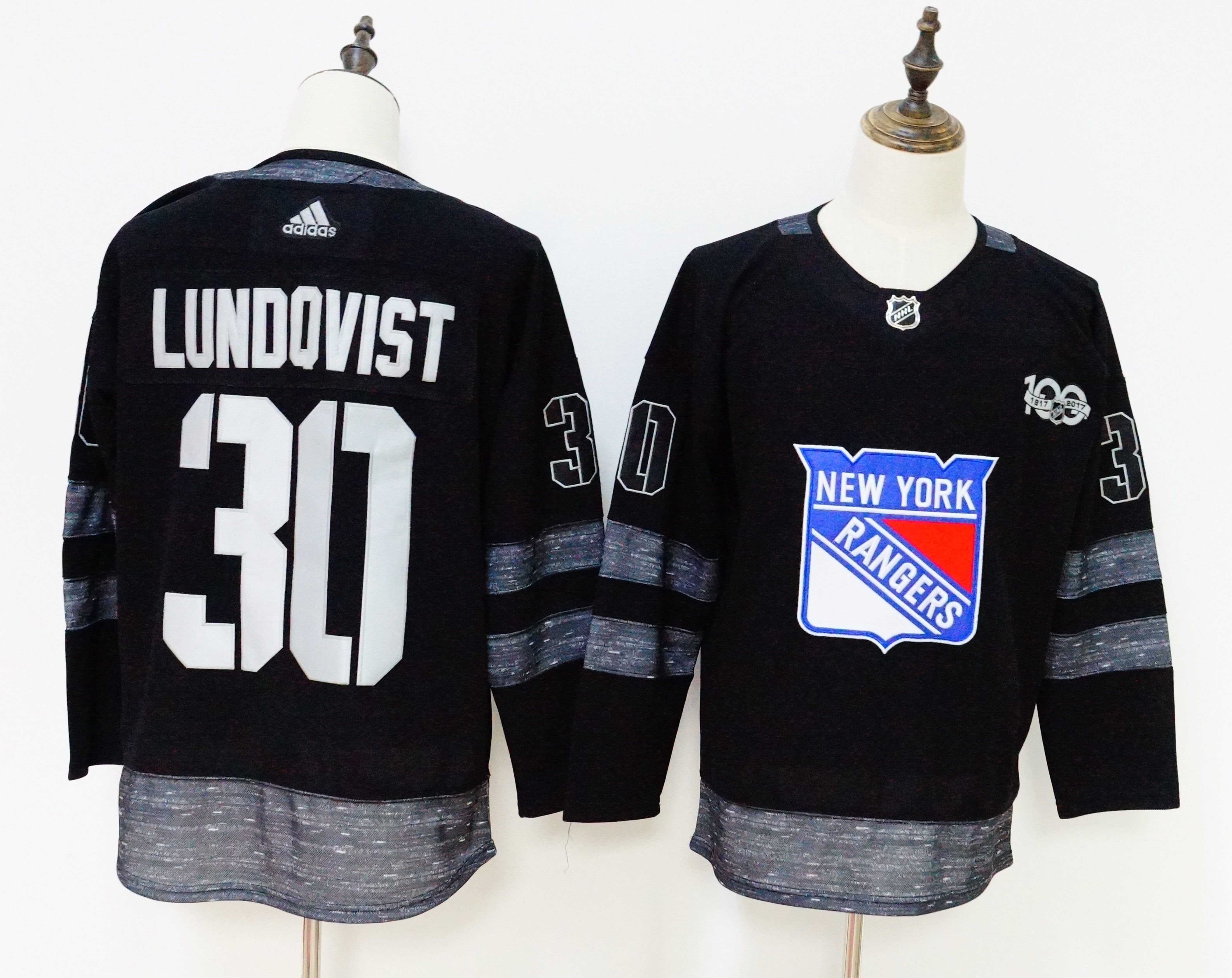 New York Rangers #30 Henrik Lundqvist Black 1917-2017 100th Anniversary Stitched Adidas Jersey