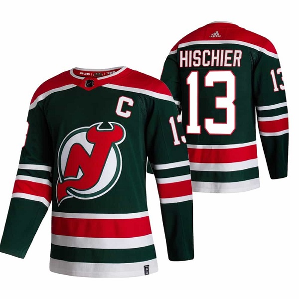 New Jersey Devils #13 Nico Hischier 2021 Green Reverse Retro Stitched Jersey