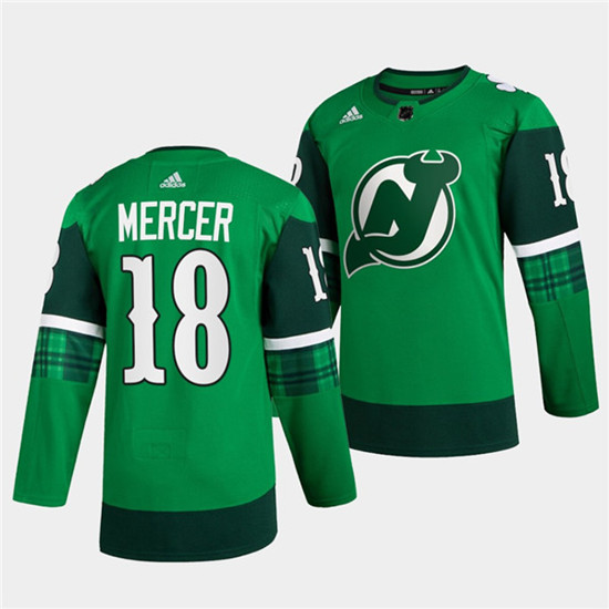 New Jersey Devils #18 Dawson Mercer Green Warm-Up St Patricks Day Stitched Jersey