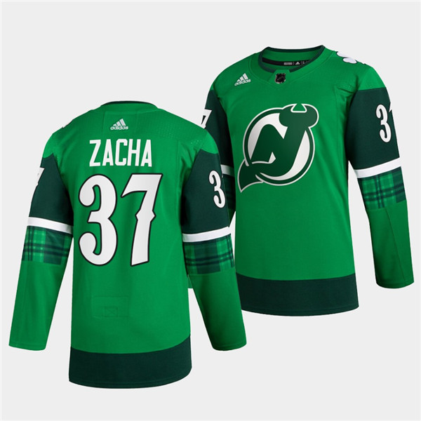 New Jersey Devils #37 Pavel Zacha Green Warm-Up St Patricks Day Stitched Jersey