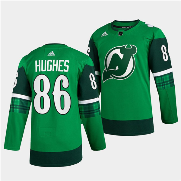 New Jersey Devils #86 Jack Hughes Green Warm-Up St Patricks Day Stitched Jersey