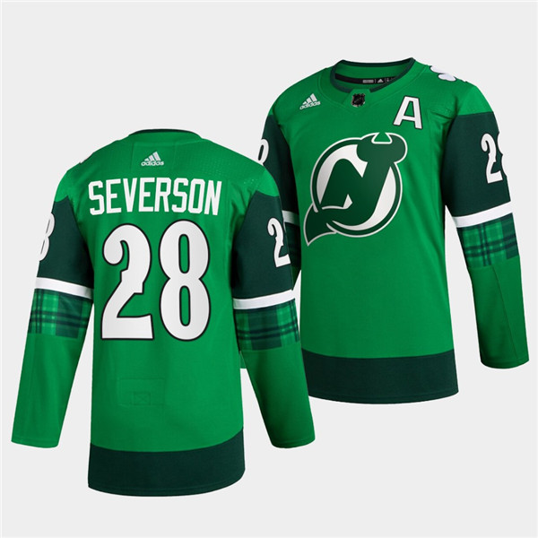 New Jersey Devils #28 Damon Severson Green Warm-Up St Patricks Day Stitched Jersey