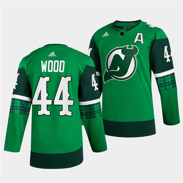 New Jersey Devils #44 Miles Wood Green Warm-Up St Patricks Day Stitched Jersey