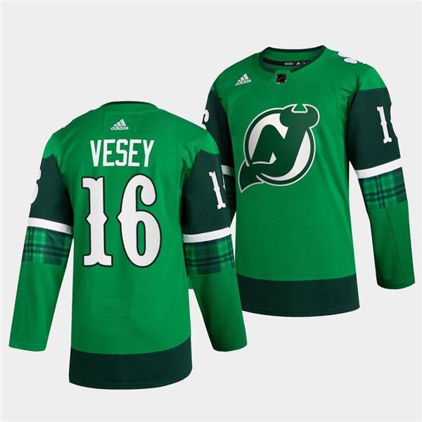 New Jersey Devils #16 Jimmy Vesey Green Warm-Up St Patricks Day Stitched Jersey