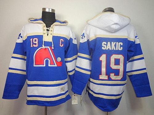 Nordiques #19 Joe Sakic Light Blue Sawyer Hooded Sweatshirt Stitched Jersey