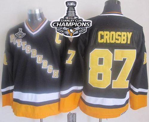 Penguins #87 Sidney Crosby Black Yellow CCM Throwback 2016 Stanley Cup Champions Stitched Jersey