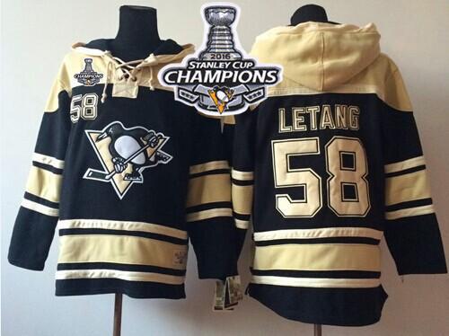 Penguins #58 Kris Letang Black Sawyer Hooded Sweatshirt 2016 Stanley Cup Champions Stitched Jersey