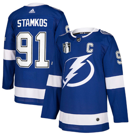 Tampa Bay Lightning #91 Steven Stamkos 2022 Blue Stanley Cup Final Patch Stitched Jersey