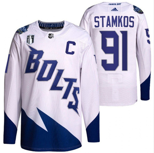 Tampa Bay Lightning #91 Steven Stamkos 2022 White Stanley Cup Final Patch Breakaway Stitched Jersey