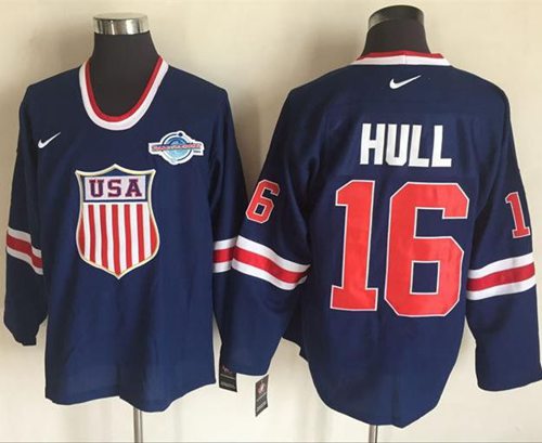 Team USA #16 Brett Hull Navy Blue 2014 Olympic Nike Throwback Stitched Jersey