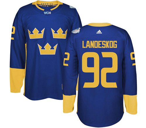Team Sweden #92 Gabriel Landeskog Blue 2016 World Cup Stitched Jersey