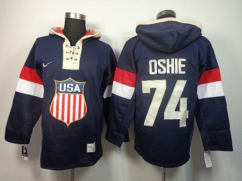 Team USA Olympics #74 T. J. Oshie Navy Blue Sawyer Hooded Sweatshirt Stitched Jersey
