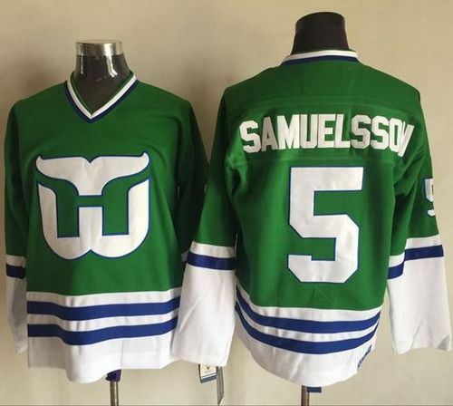 Whalers #5 Ulf Samuelsson Green CCM Throwback Stitched Jersey