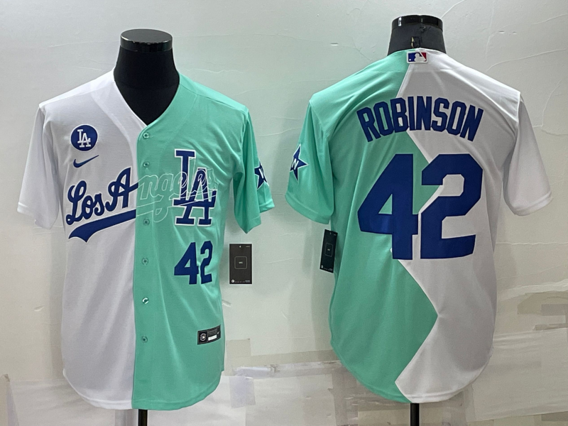 Los Angeles Dodgers #42 Jackie Robinson 2022 All-Star White Green Cool Base Stitched Jersey