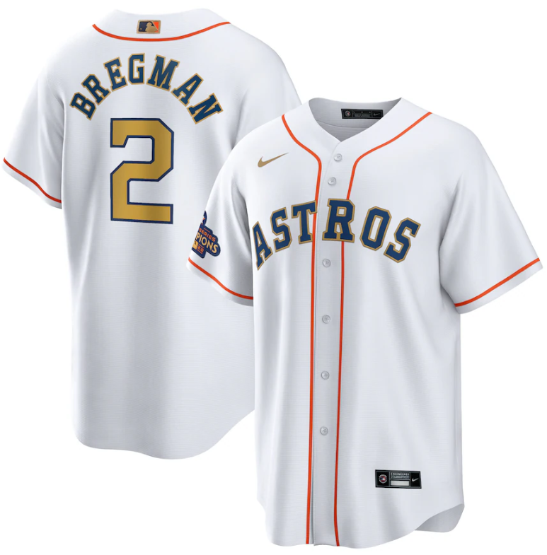 Houston Astros #2 Alex Bregman White 2023 Gold Collection With World Serise Champions Patch Cool Base Stitched Jersey