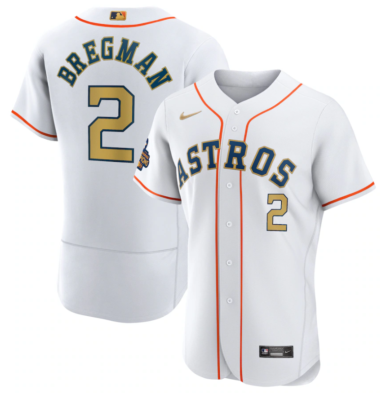Houston Astros #2 Alex Bregman White 2023 Gold Collection With World Serise Champions Patch Stitched Jersey