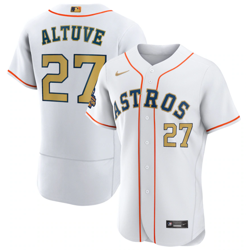 Houston Astros #27 Jose Altuve White 2023 Gold Collection With World Serise Champions Patch Stitched Jersey