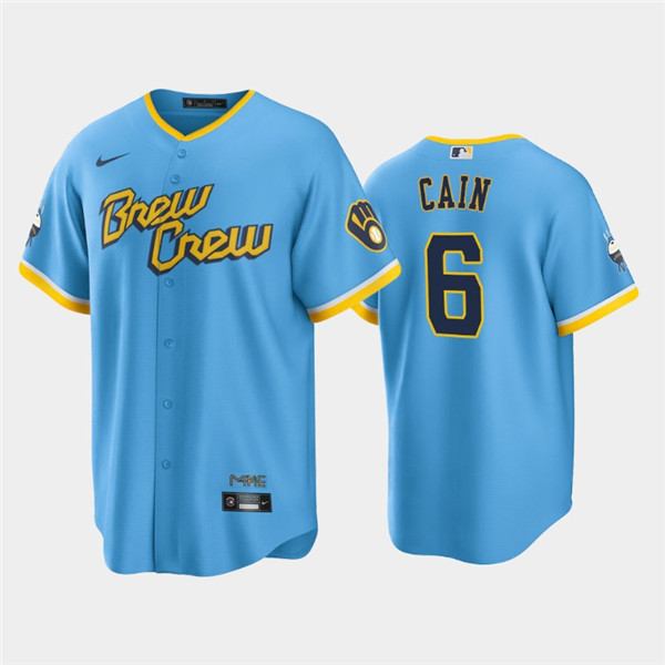Milwaukee Brewers #6 Lorenzo Cain 2022 Powder Blue City Connect Cool Base Stitched Jersey