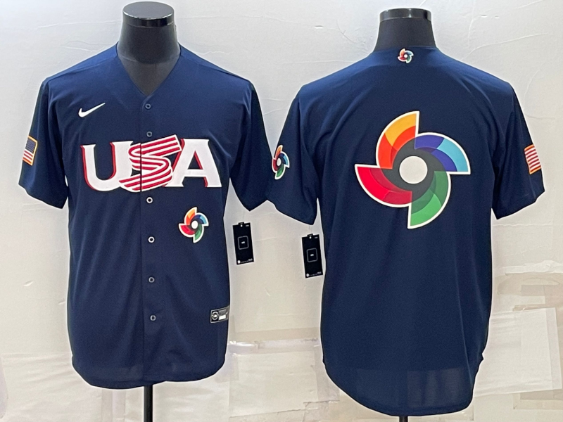 USA 2023 Navy World Big Logo With Patch Classic Stitched Jersey