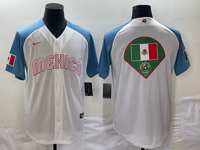 Mexico 2023 White Blue World Big Logo Classic Stitched Jersey