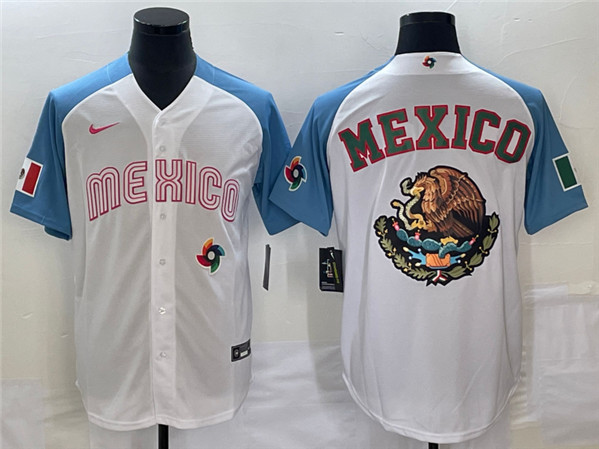 Mexico 2023 White Blue Team Big Logo World Classic Stitched Jersey