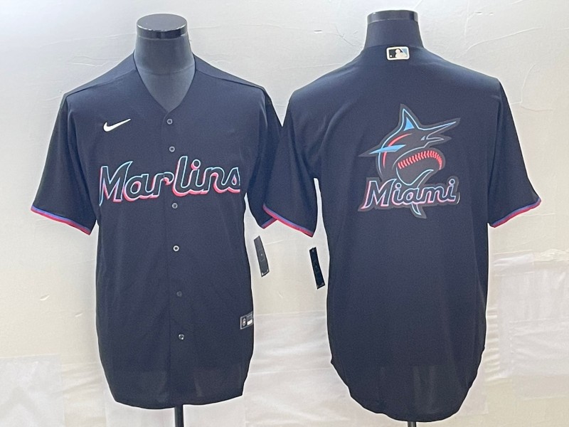 Miami Marlins Black Team Big Logo Cool Base Stitched Jersey