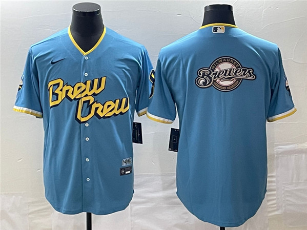 Milwaukee Brewers Powder Blue Team Big Logo City Connect Cool Base Stitched Jersey