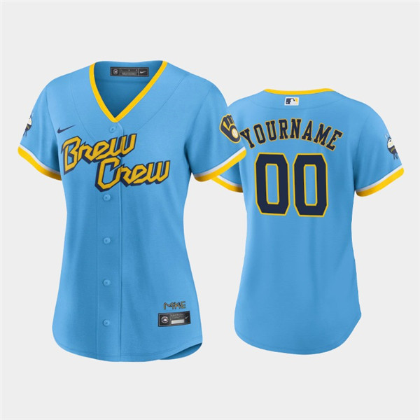 Women's Milwaukee Brewers Active Player Custom 2022 Powder Blue City Connect Cool Base Stitched Jersey(Run Small)