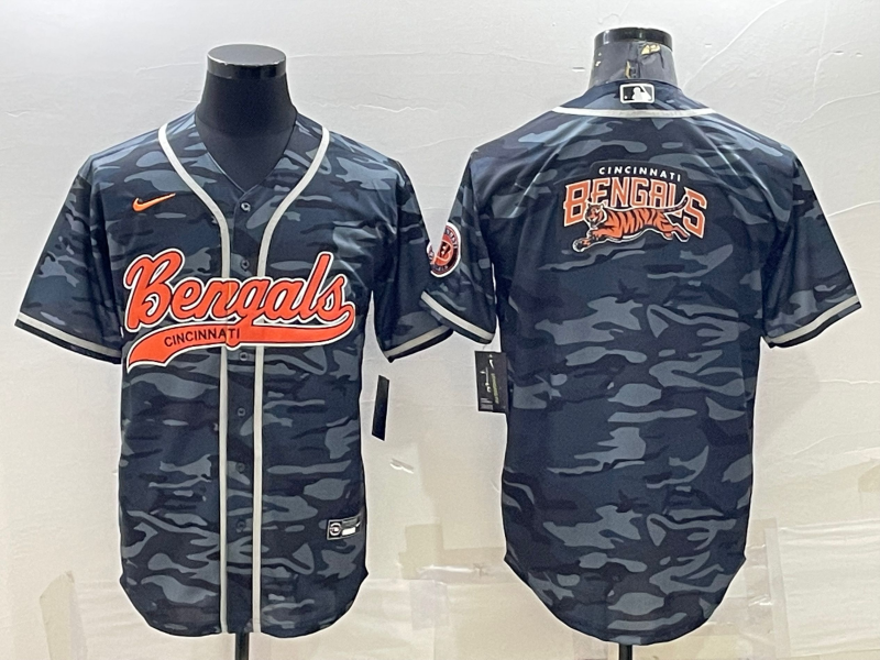Cincinnati Bengals Grey Camo Team Big Logo With Patch Cool Base Stitched Baseball Jersey