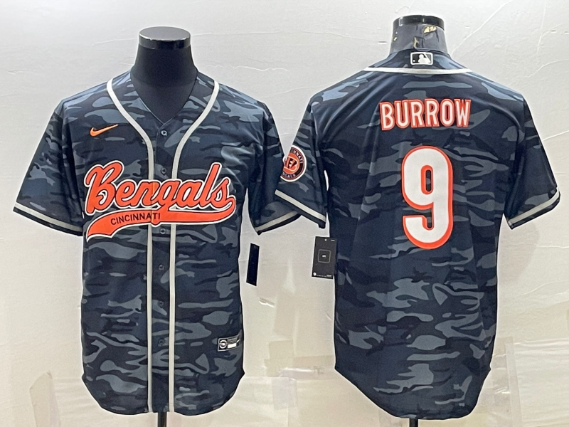 Cincinnati Bengals #9 Joe Burrow Grey Camo With Patch Cool Base Stitched Baseball Jersey