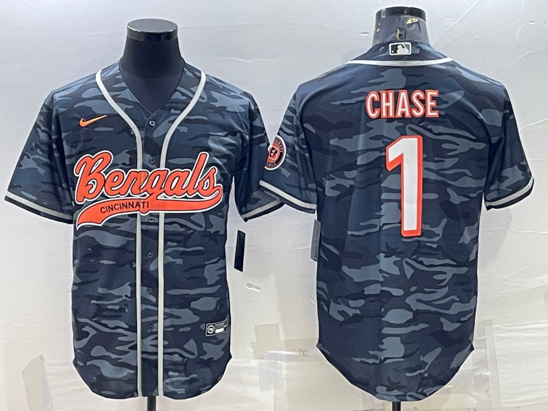 Cincinnati Bengals #1 Ja'Marr Chase Grey Camo With Patch Cool Base Stitched Baseball Jersey