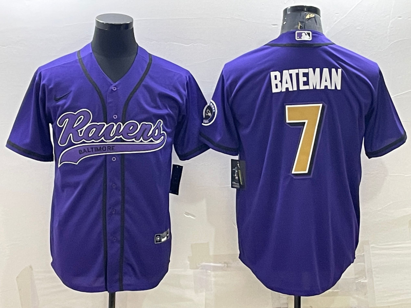 Baltimore Ravens #7 Rashod Bateman Purple Gold With Patch Cool Base Stitched Baseball Jersey